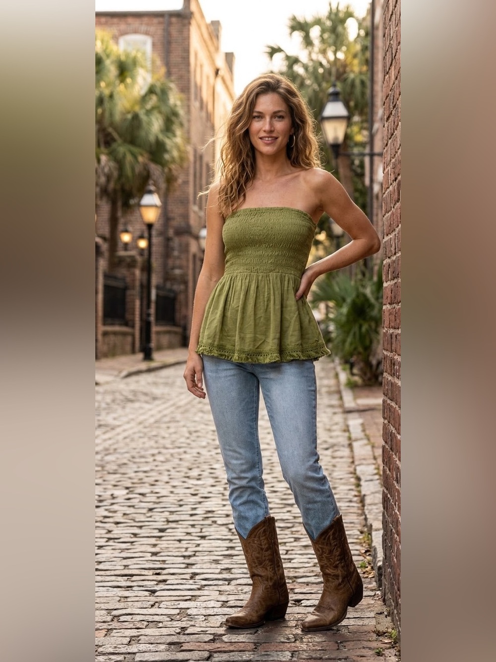 Heyson Smocked Olive Green Strapless with Fringe Trim